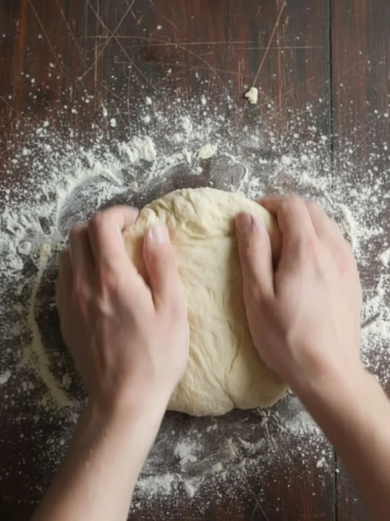 Homemade Pizza Dough Recipe The risen dough being punched down to release air bubbles, then divided and rolled into two 12-inch circles, preparing for the final pizza assembly.