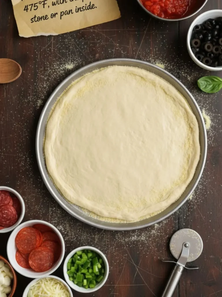 Homemade Pizza Dough Recipe A pizza dough on a pan topped with classic tomato sauce, mozzarella cheese, and fresh basil, evenly distributed and ready for baking in the oven.