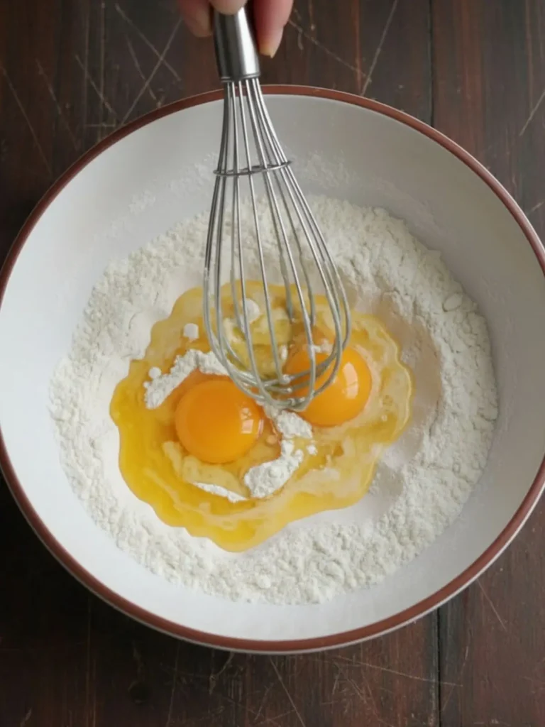 Hummingbird Cake Recipe Eggs and oil added to dry mixture while preparing hummingbird cake recipe batter