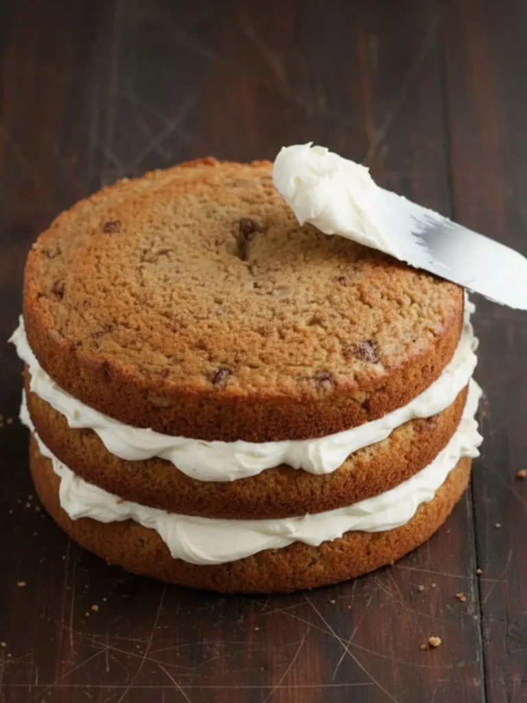 Hummingbird Cake Recipe Assembling hummingbird cake recipe with frosting spread between cake layers