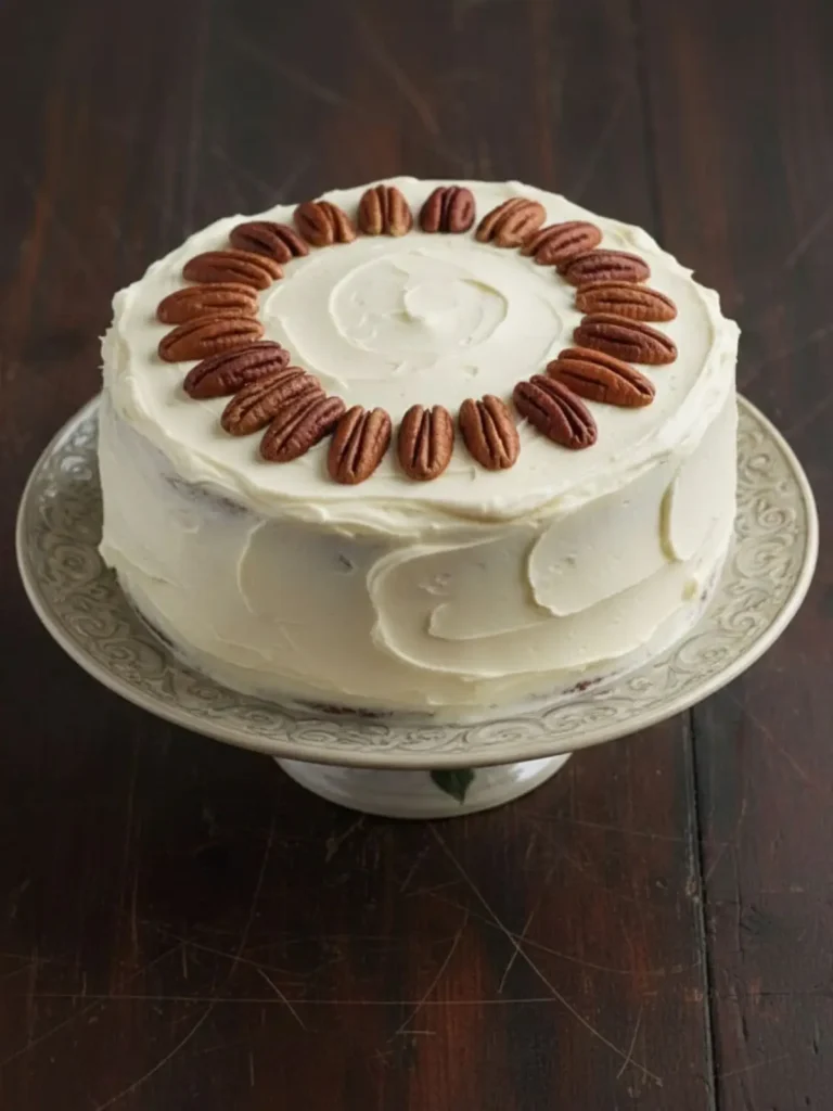 Hummingbird Cake Recipe Finished hummingbird cake recipe decorated with toasted pecans ready to serve