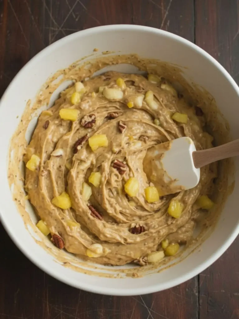 Hummingbird Cake Recipe Banana pineapple mixture folded into hummingbird cake recipe batter with pecans