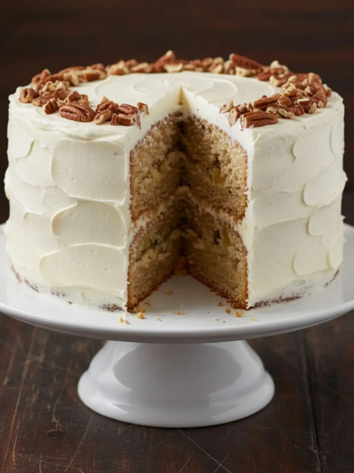 Classic hummingbird cake recipe shown at a side angle with smooth cream cheese frosting layers