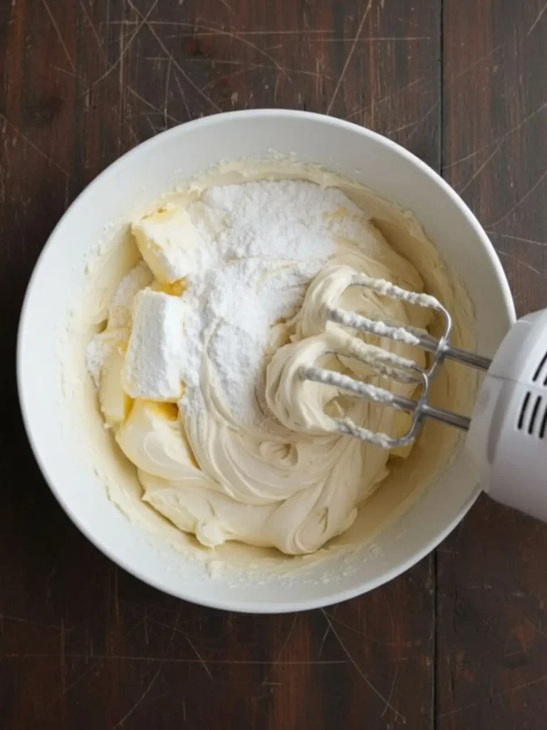 Hummingbird Cake Recipe Cream cheese frosting being mixed for hummingbird cake recipe