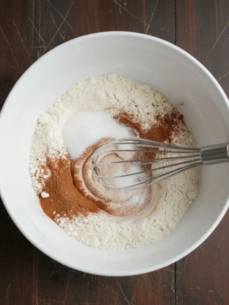 Hummingbird Cake Recipe Dry ingredients being whisked together for hummingbird cake recipe batter