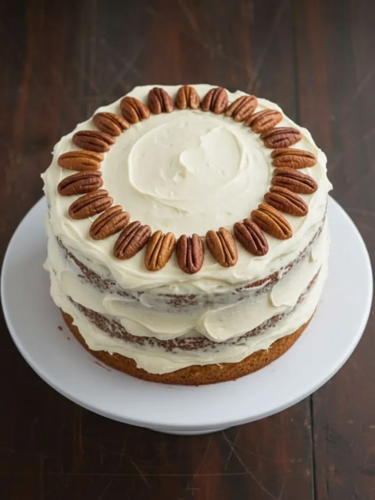 Hummingbird Cake Recipe Top view of finished hummingbird cake recipe with cream cheese frosting and toasted pecans