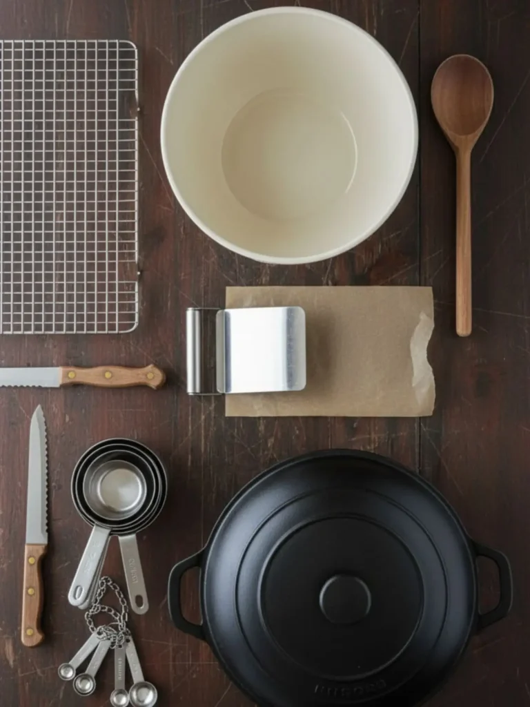 No Knead Artisan Bread Tools for no knead artisan bread laid out neatly, including a mixing bowl, wooden spoon, bench scraper, parchment paper, Dutch oven, cooling rack, knife, and measuring tools.
