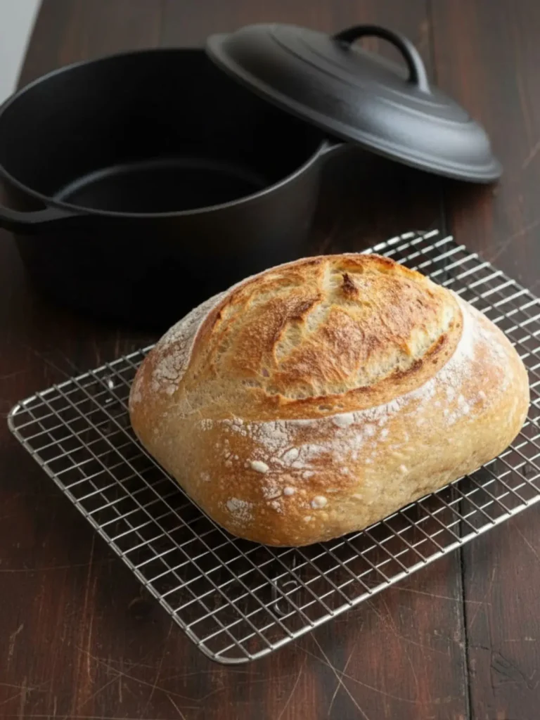 No Knead Artisan Bread Single slice of no knead artisan bread served as a plated portion, showing the open crumb, crisp crust, and rustic homemade texture.