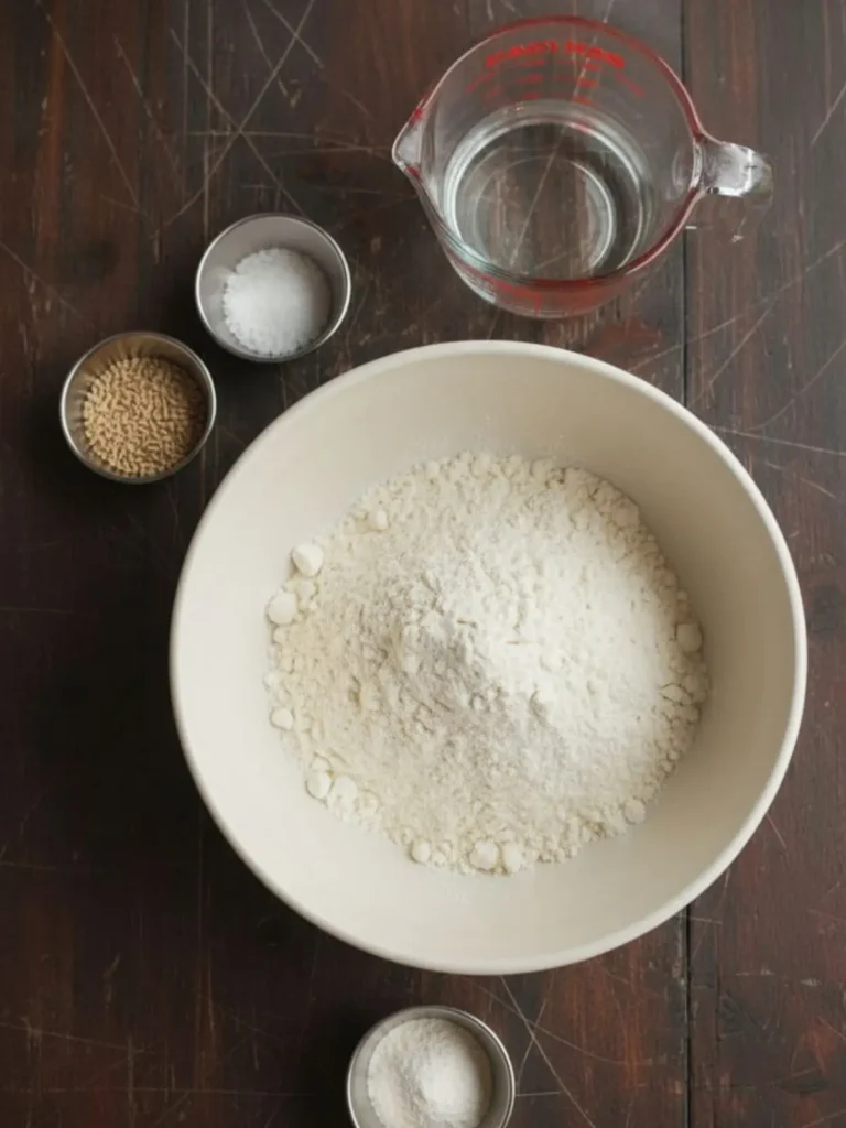 No Knead Artisan Bread Ingredients for no knead artisan bread arranged for baking, including bread flour, instant yeast, kosher salt, warm water, and extra flour for shaping.
