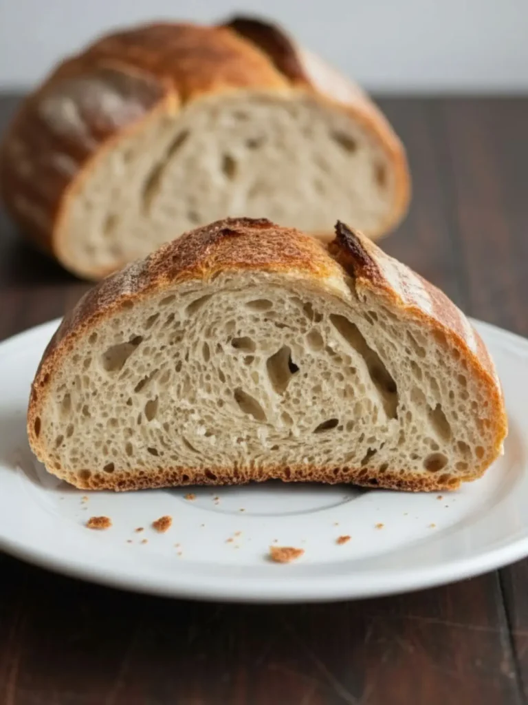 No Knead Artisan Bread Sliced no knead artisan bread revealing an airy open crumb with irregular holes, chewy interior, and a thick crisp crust.