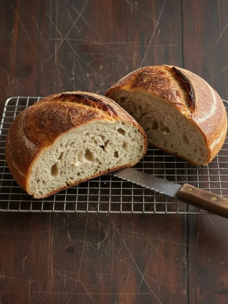 No Knead Artisan Bread Close view of no knead artisan bread showing a blistered golden crust, rustic ridges, and the thick crackly texture of homemade crusty bread.