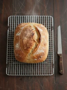 No Knead Artisan Bread Freshly baked no knead artisan bread resting on a cooling rack, with a deep golden crust, rustic cracks, and artisan round shape.