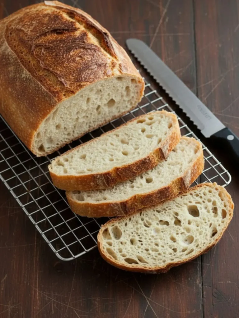 No Knead Artisan Bread No knead artisan bread cooling on a wire rack before slicing, allowing the crumb to set while the crust stays crisp and crackly.