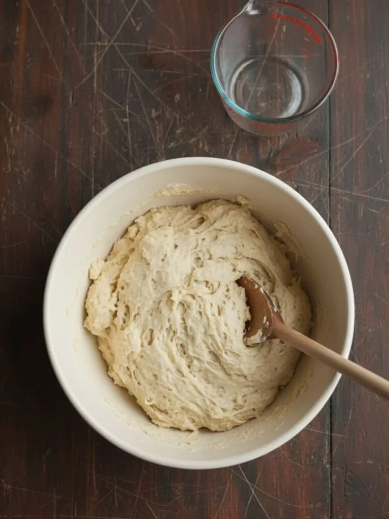 No Knead Artisan Bread Wet sticky no knead artisan bread dough just mixed in the bowl, showing a shaggy texture with no dry flour remaining.