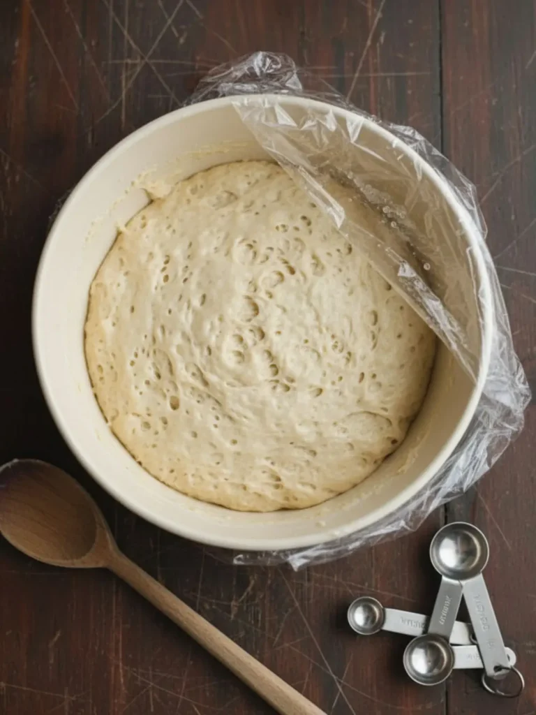 No Knead Artisan Bread Risen no knead artisan bread dough in the bowl after the first rise, doubled in size with a bubbly surface and soft sticky texture.