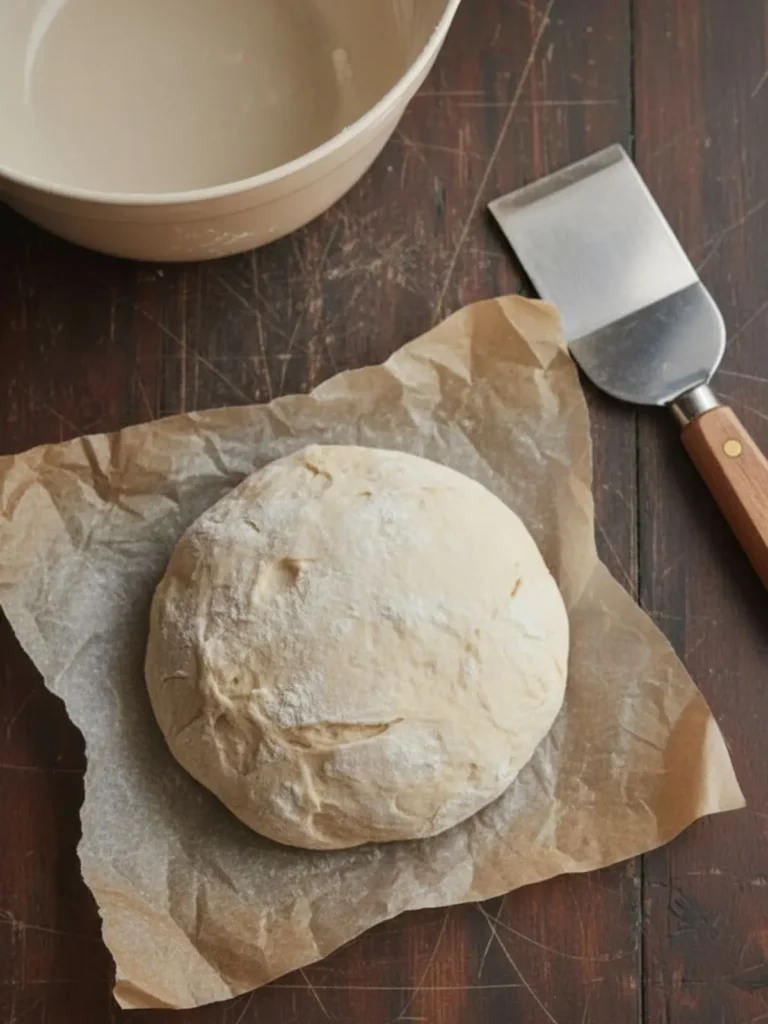 No Knead Artisan Bread No knead artisan bread dough shaped into a rough round on a lightly floured surface, with a bench scraper nearby for gentle folding.