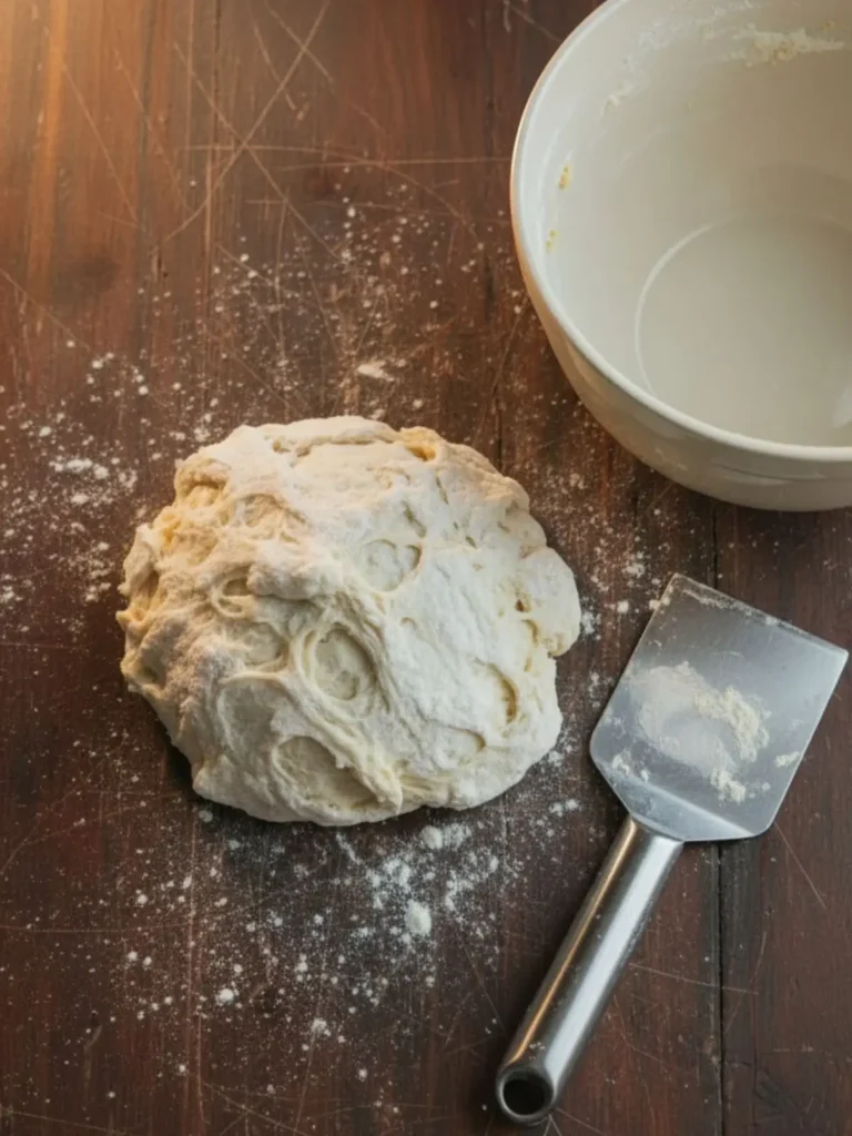 No Knead Artisan Bread Shaped no knead artisan bread dough resting on parchment paper, seam side down and ready to transfer into the hot Dutch oven.