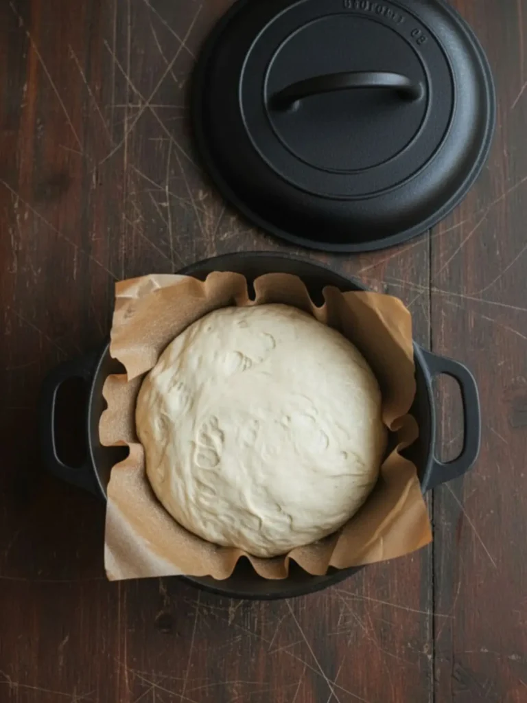 No Knead Artisan Bread Unbaked no knead artisan bread dough placed on parchment inside the hot Dutch oven, ready to bake with the lid on.