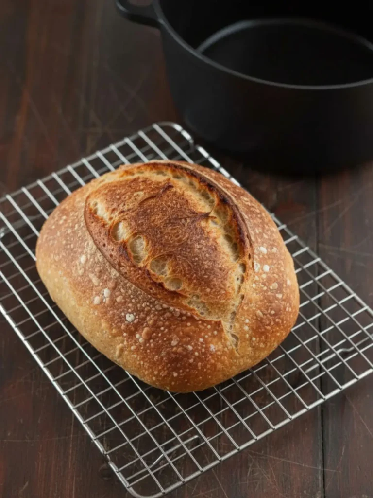 No Knead Artisan Bread No knead artisan bread baking uncovered in the Dutch oven, showing a risen loaf with a golden crust and natural cracking on top.