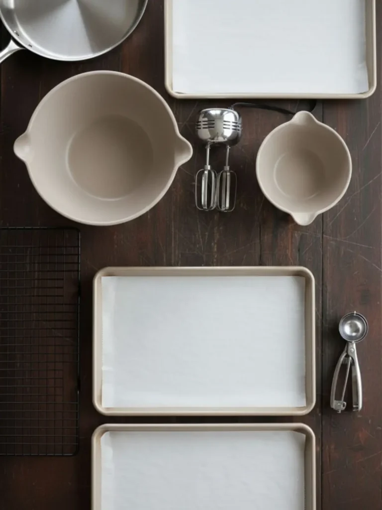 Oatmeal Raisin Cookies Recipe Baking tools used for oatmeal raisin cookies including mixing bowls, electric mixer, baking sheets with parchment, cookie scoop, skillet, and cooling rack arranged for preparation.