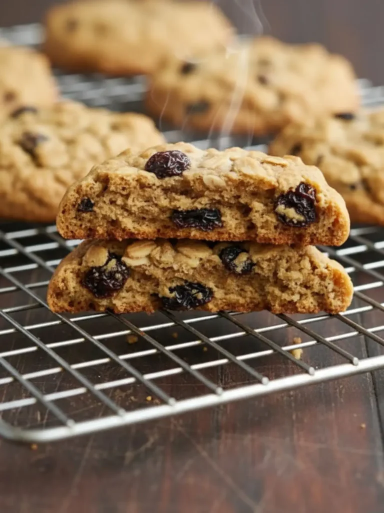 Oatmeal Raisin Cookies Recipe Oatmeal raisin cookie broken open to reveal soft chewy interior crumb filled with oats and raisins, with other cookies from the same batch resting on a cooling rack.