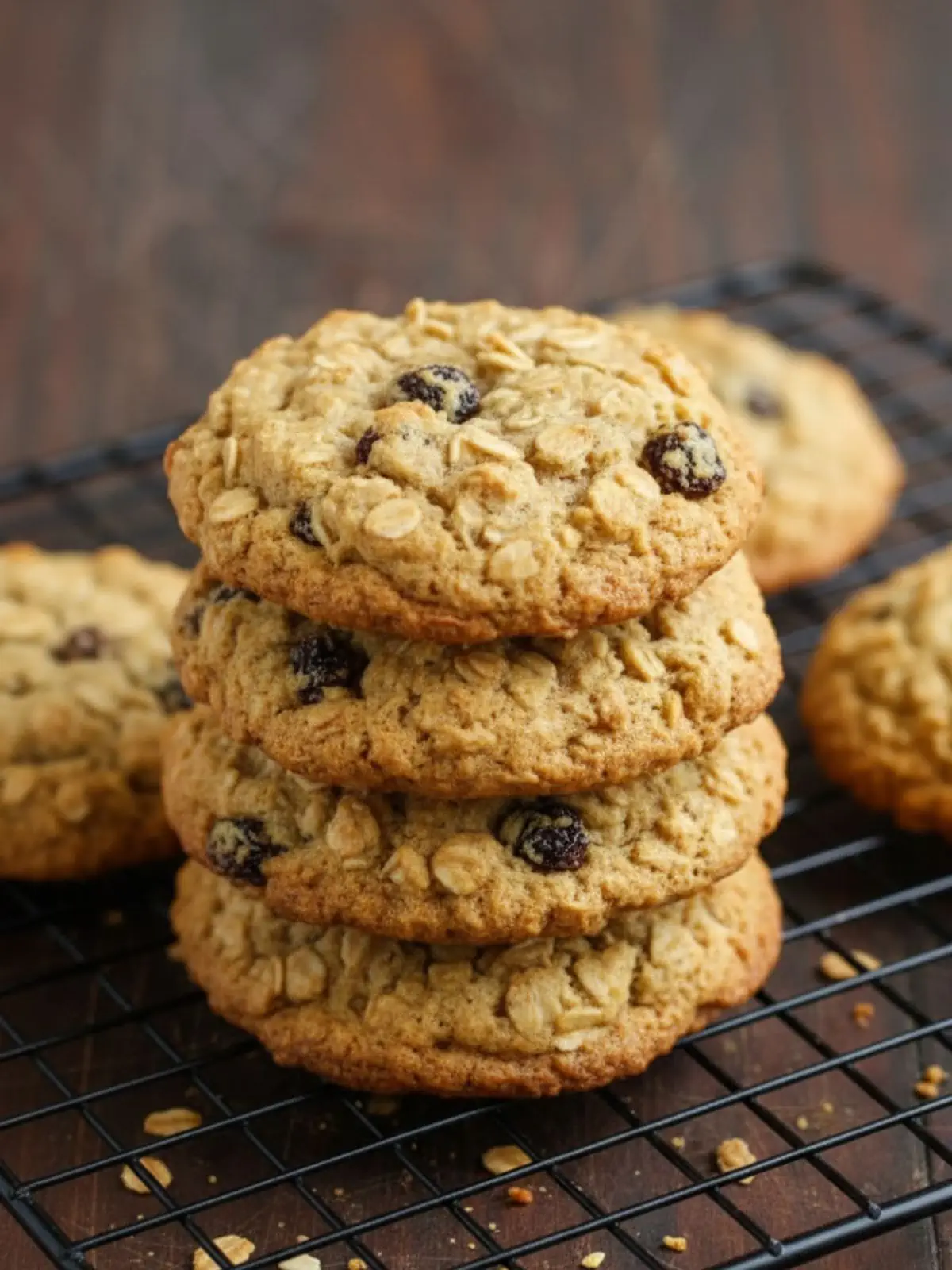Close-up stack of homemade oatmeal raisin cookies showing crinkled tops, toasted oats, and plump raisins with soft chewy centers and lightly crisp edges.