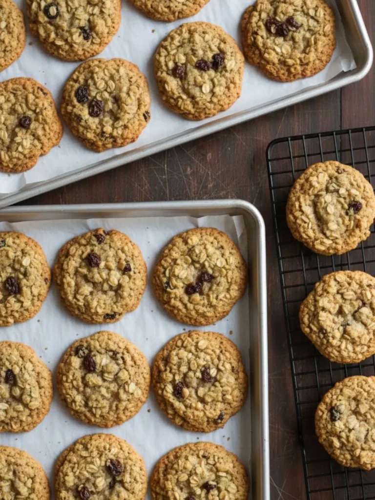 Oatmeal Raisin Cookies Recipe Freshly baked oatmeal raisin cookies resting on baking sheets and cooling on a wire rack with golden edges and soft centers filled with raisins and oats.
