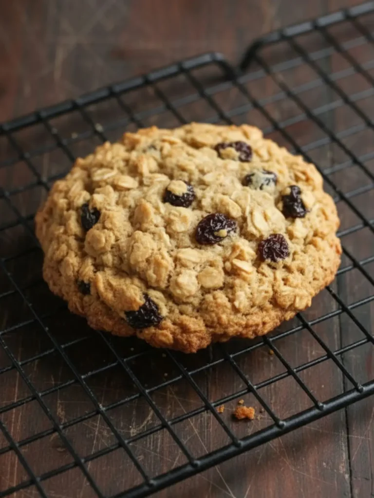 Oatmeal Raisin Cookies Recipe Macro view of a single oatmeal raisin cookie highlighting golden baked edges, visible oats, sweet raisins, and soft textured center on a cooling rack.