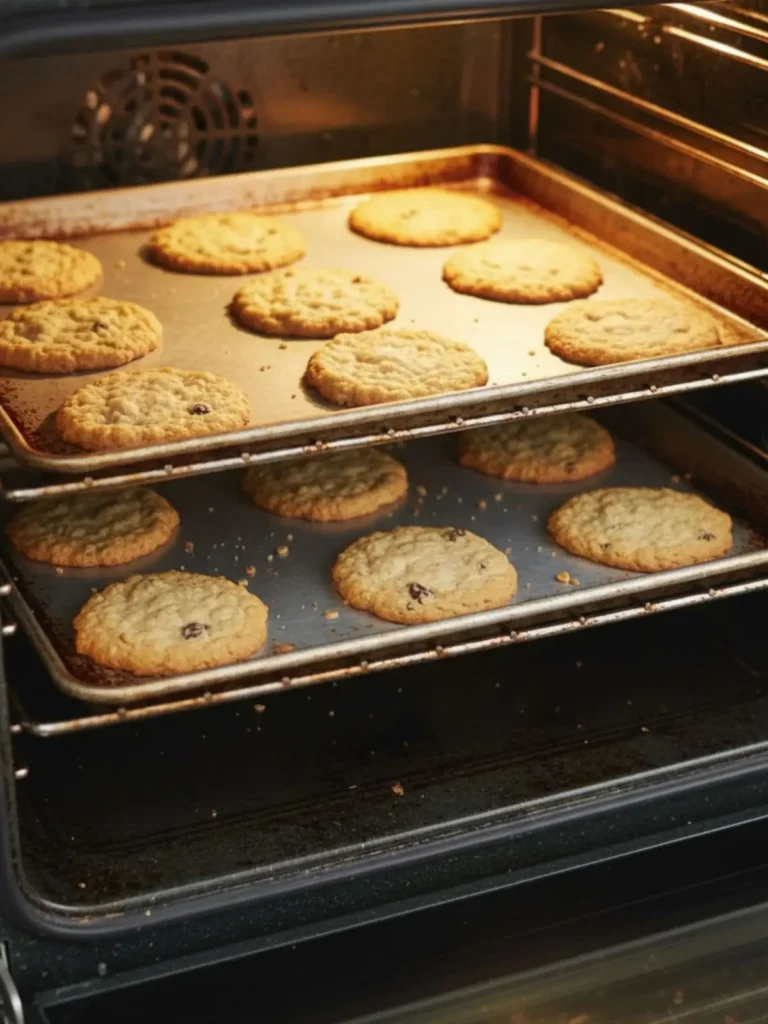 Oatmeal Raisin Cookies Recipe Oatmeal raisin cookies baking and spreading on parchment-lined baking sheets as the dough begins turning golden around the edges.