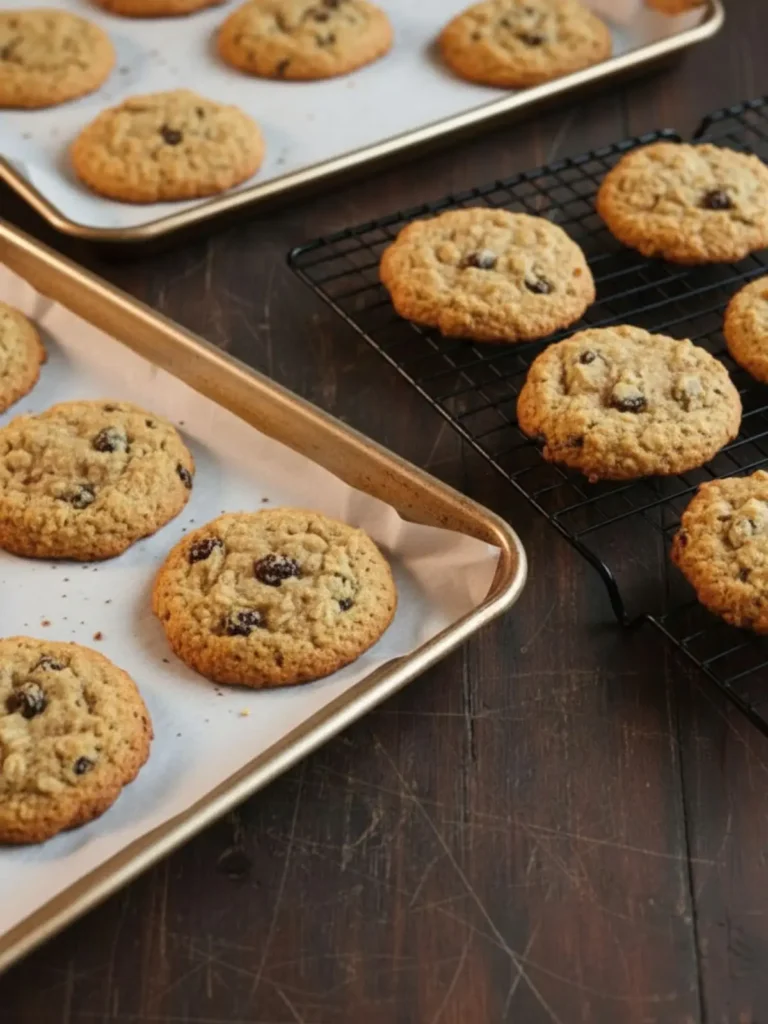 Oatmeal Raisin Cookies Recipe Freshly baked oatmeal raisin cookies cooling on baking sheets and a wire rack, showing golden edges and soft centers with visible toasted oats and raisins.