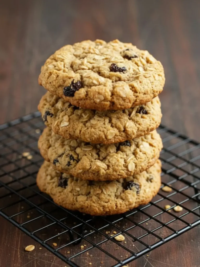 Oatmeal Raisin Cookies Recipe Close-up stack of homemade oatmeal raisin cookies showing crinkled tops, toasted oats, and plump raisins with soft chewy centers and lightly crisp edges.