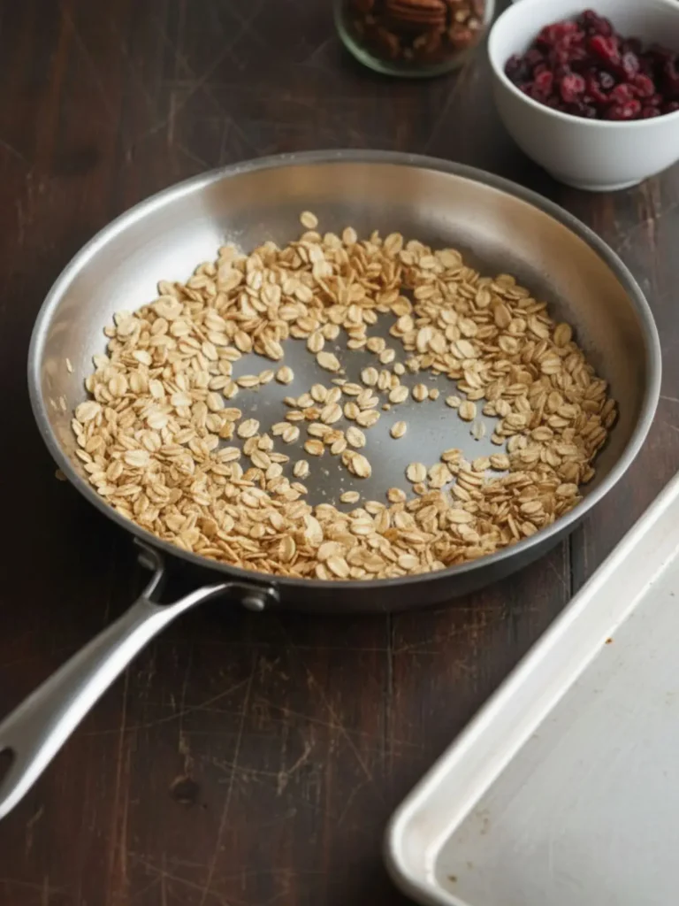Oatmeal Raisin Cookies Recipe Rolled oats toasting in a skillet until lightly golden, an early preparation step that enhances flavor for homemade oatmeal raisin cookies.