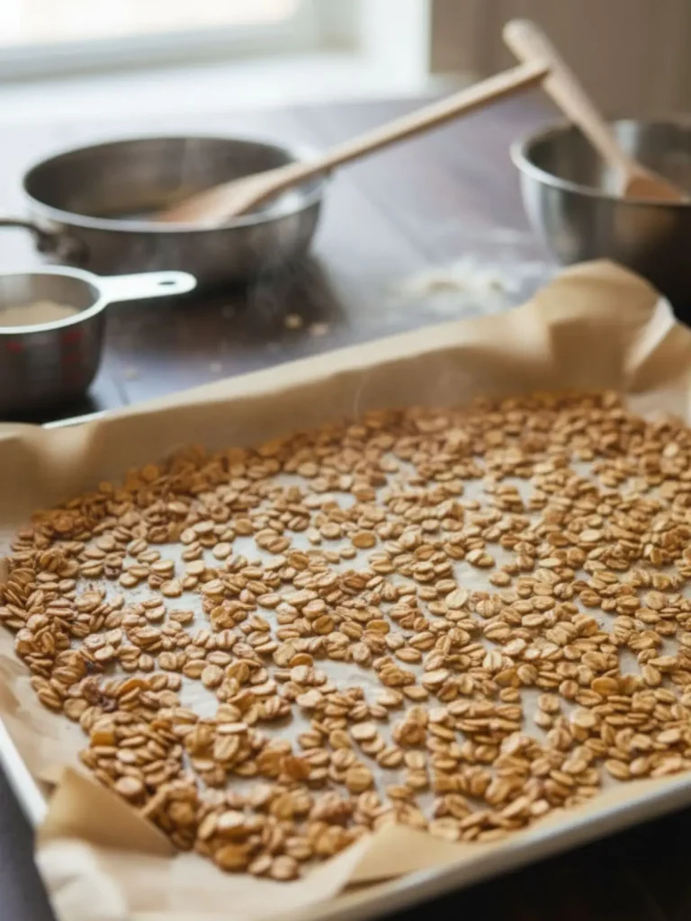 Oatmeal Raisin Cookies Recipe Freshly toasted oats spread across a parchment-lined baking sheet to cool before being mixed into oatmeal raisin cookie dough.