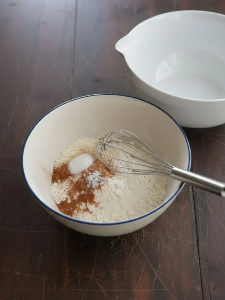 Oatmeal Raisin Cookies Recipe Flour, baking soda, salt, and cinnamon whisked together in a mixing bowl to form the dry ingredient mixture for oatmeal raisin cookies.