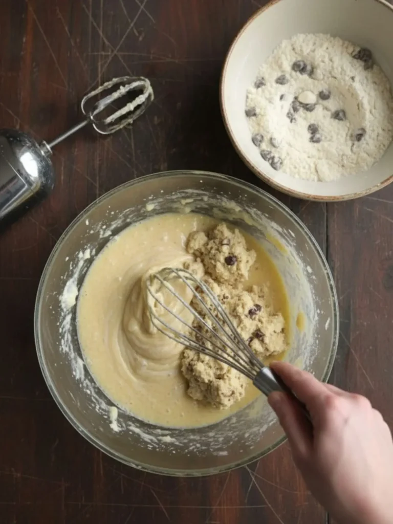 Oatmeal Raisin Cookies Recipe Dry flour mixture gradually blended into the wet cookie base forming thick oatmeal raisin cookie dough during the mixing stage.