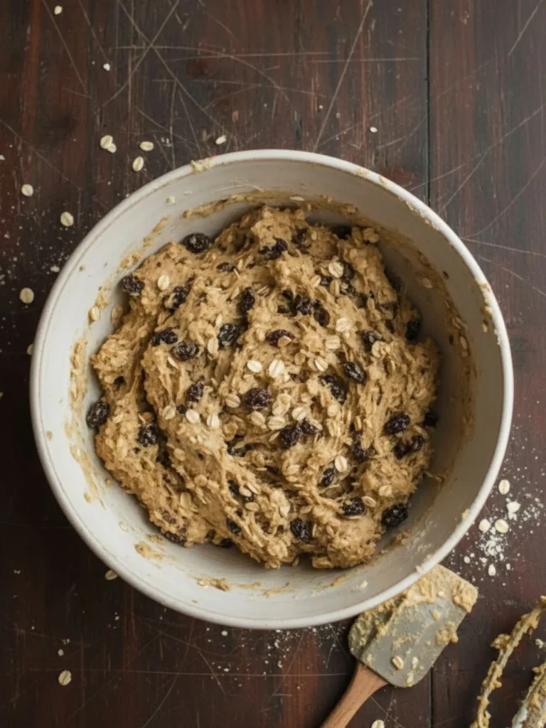 Oatmeal Raisin Cookies Recipe Toasted oats and raisins folded into thick cookie dough creating the textured oatmeal raisin cookie mixture before scooping.