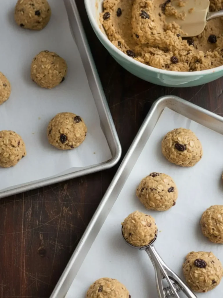 Oatmeal Raisin Cookies Recipe Portions of oatmeal raisin cookie dough scooped onto parchment-lined baking sheets forming evenly spaced dough mounds ready for baking.