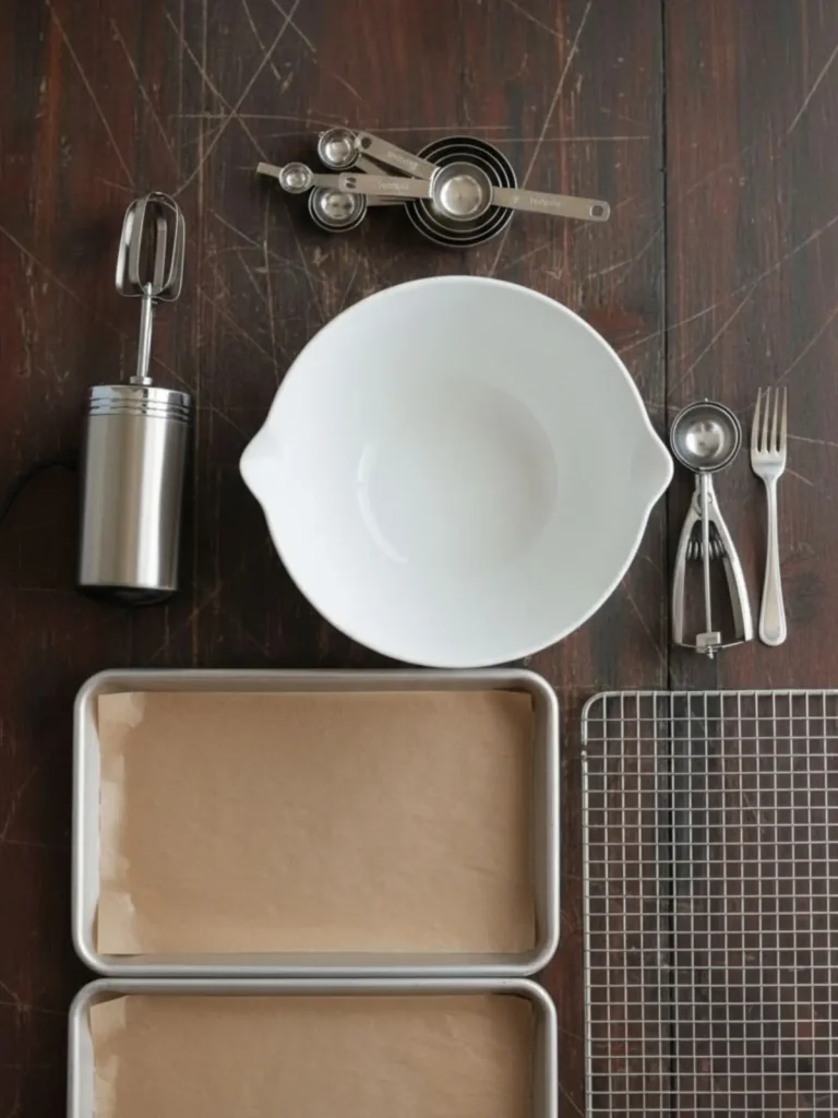 Best Peanut Butter Cookies Recipe Baking tools for peanut butter cookies recipe including mixing bowl, hand mixer, baking sheets with parchment paper, cookie scoop, fork, measuring cups, and cooling rack.