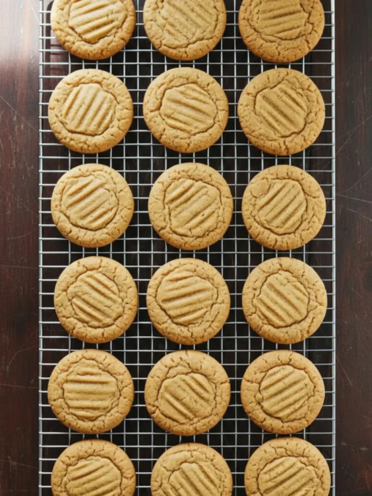 Best Peanut Butter Cookies Recipe Freshly baked peanut butter cookies with classic fork crisscross pattern stacked on a cooling rack showing golden edges and soft homemade cookie texture.