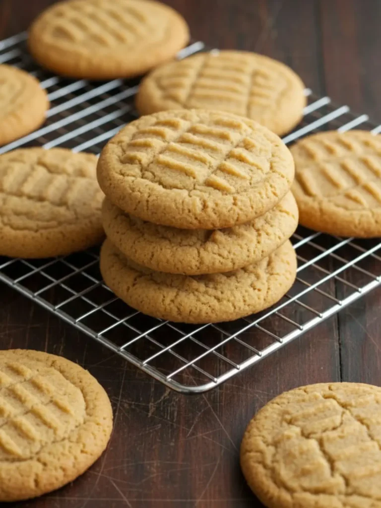 Best Peanut Butter Cookies Recipe Close-up texture of homemade peanut butter cookies highlighting golden surface, fork crosshatch pattern, and slightly cracked edges from baking.