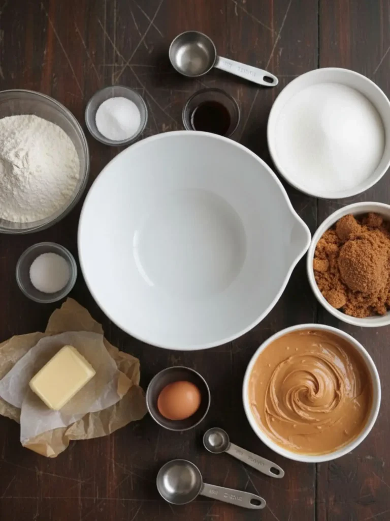 Best Peanut Butter Cookies Recipe Ingredients arranged for a peanut butter cookies recipe including flour, butter, brown sugar, granulated sugar, creamy peanut butter, egg, vanilla, baking soda, baking powder, and salt.