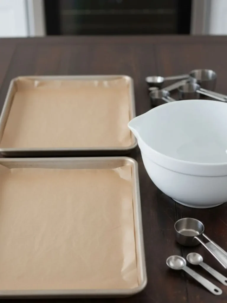 Best Peanut Butter Cookies Recipe Prepared baking sheets lined with parchment paper beside mixing bowl ready for starting the peanut butter cookies recipe baking process.