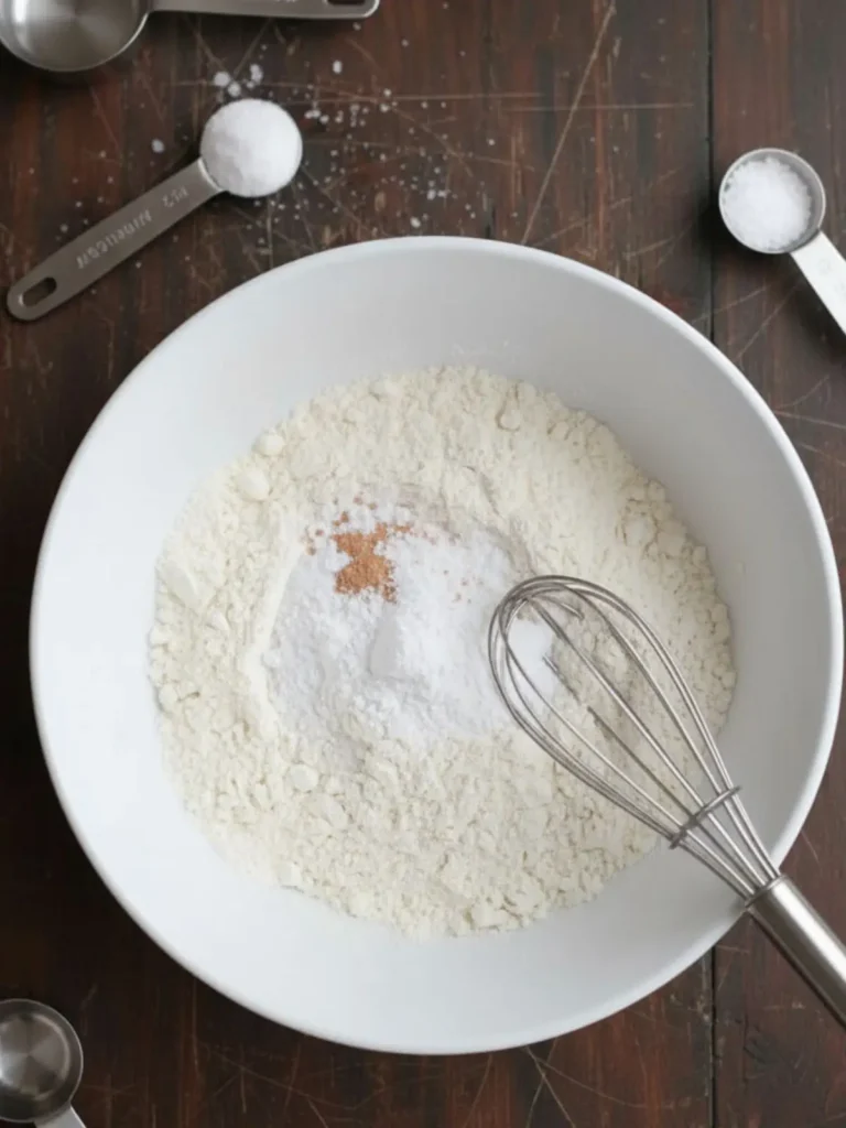 Best Peanut Butter Cookies Recipe Flour, baking soda, baking powder, and salt whisked together in mixing bowl as the dry ingredient base for peanut butter cookies dough.