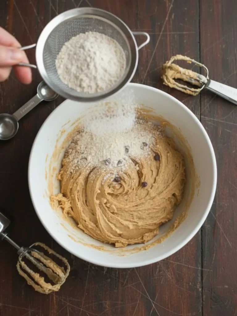 Best Peanut Butter Cookies Recipe Dry flour mixture combined into peanut butter mixture forming thick peanut butter cookie dough ready for shaping.