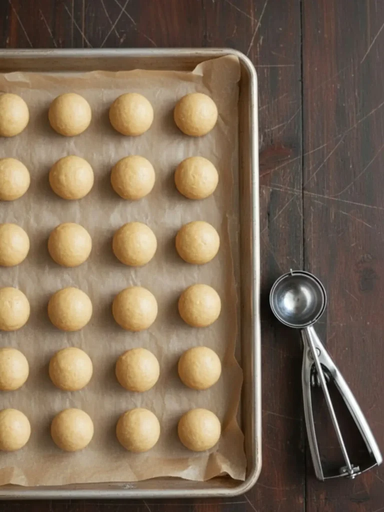 Best Peanut Butter Cookies Recipe Peanut butter cookie dough rolled into small balls and arranged evenly on parchment lined baking sheet before flattening.