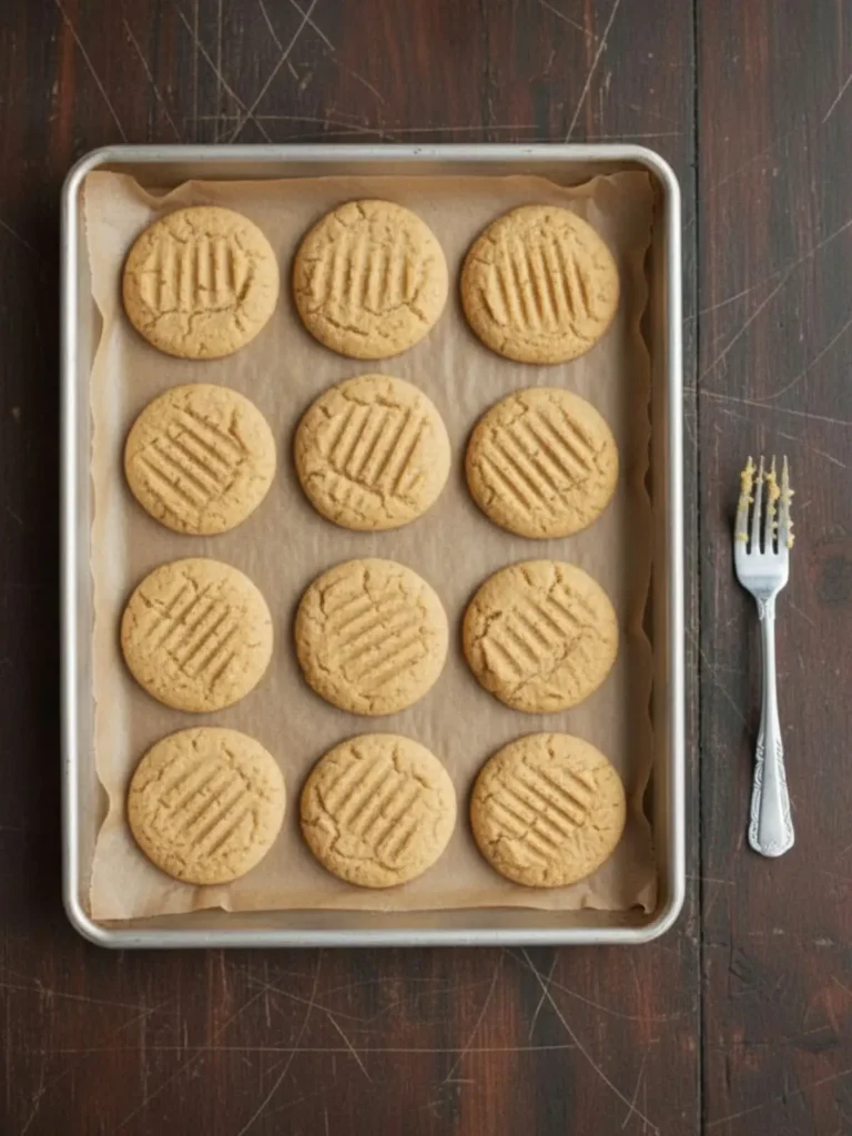 Best Peanut Butter Cookies Recipe Freshly baked peanut butter cookies on baking sheet showing golden edges and fork pattern after baking in oven.