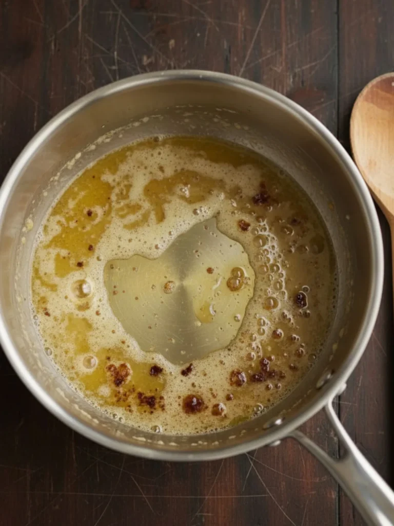 Do Nothing Cake Recipe Butter browning in saucepan to prepare coconut pecan topping for Do Nothing Cake
