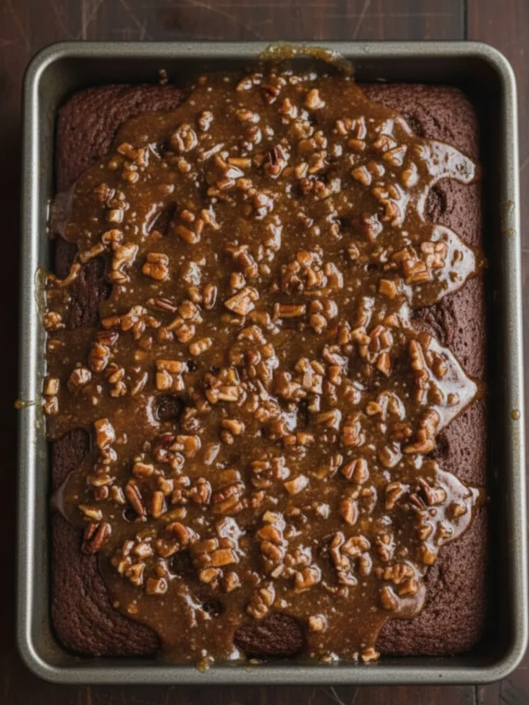 Do Nothing Cake Recipe Warm coconut pecan topping poured over freshly baked Do Nothing Cake to soak into crumb