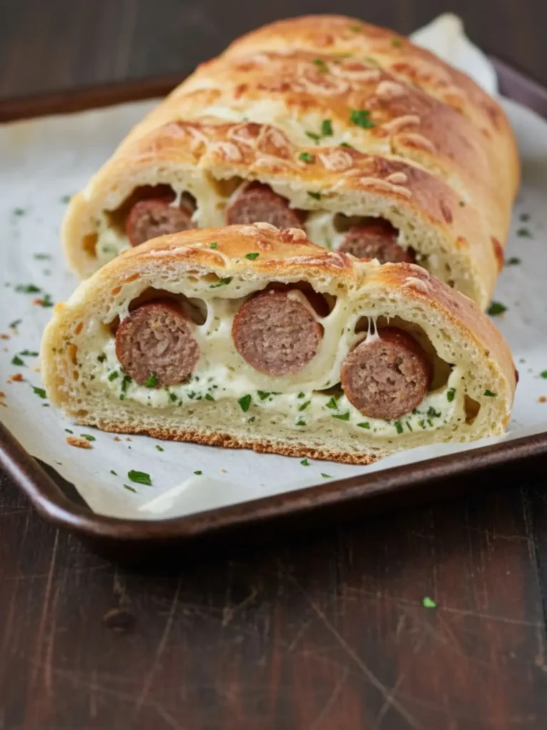 Sausage Bread Recipe Side-view of a thick Sausage Bread slice showing chewy crumb, creamy garlic-herb layer, sausage crumbles, melted cheese strands, and parsley flecks.
