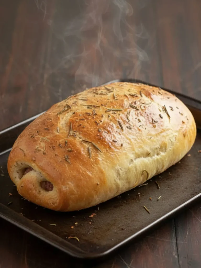 Sausage Bread Recipe Step 3 of Sausage Bread shows pizza dough rolled into a 13 by 9 inch rectangle on parchment, smooth and even for filling and folding.